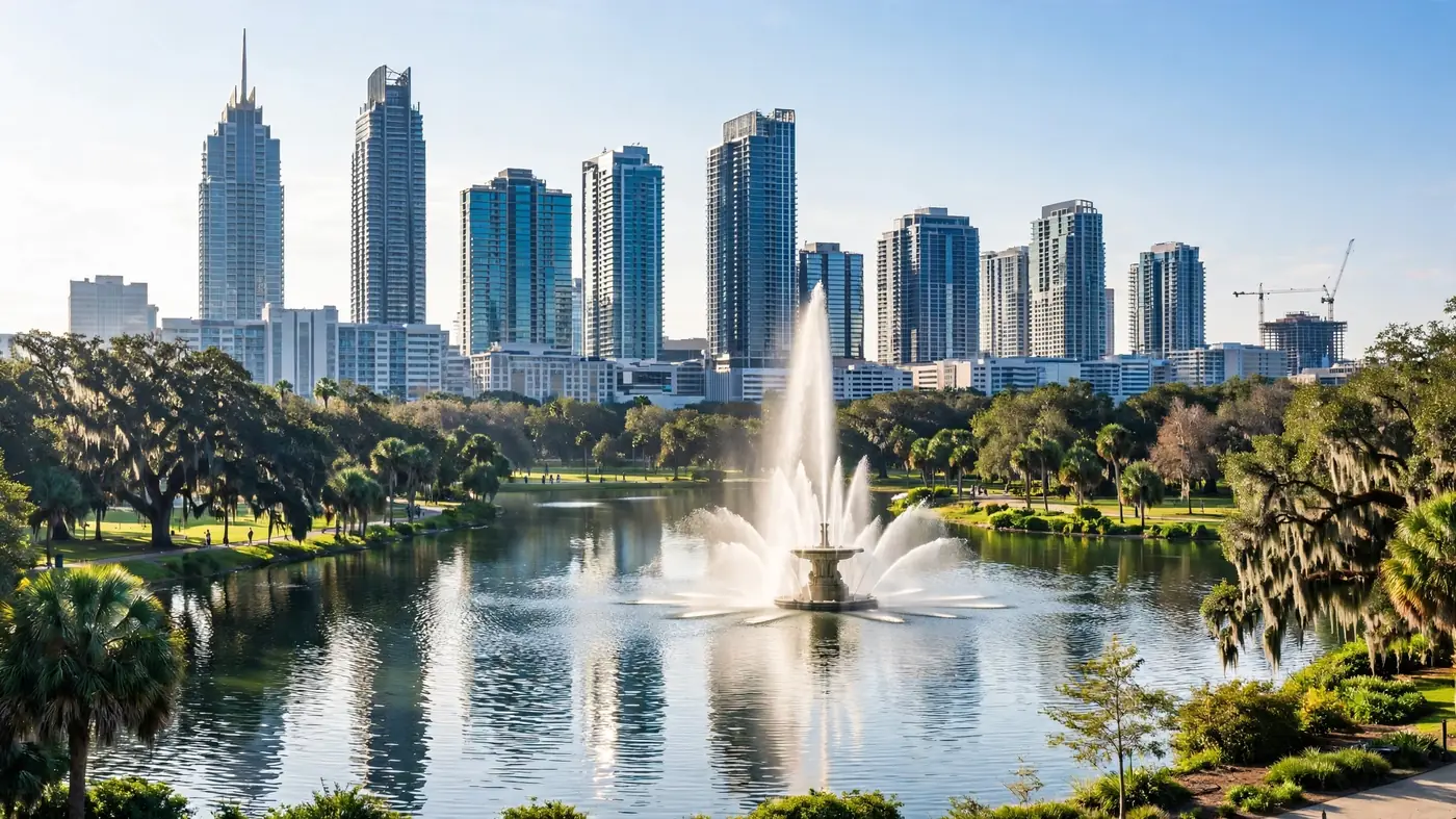 Water damage restoration in Saint Cloud, FL: the Orlando skyline behind a lake with a tall fountain