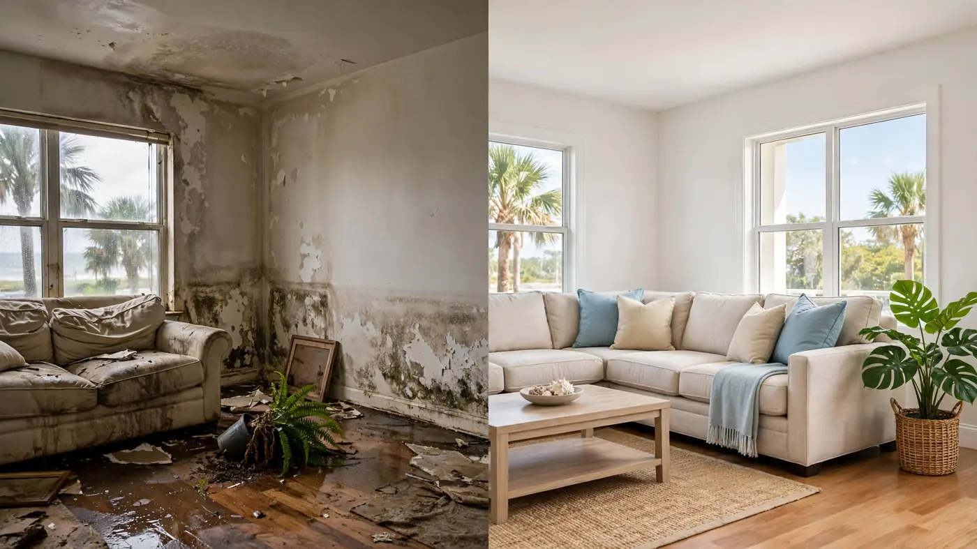 Water damage restoration work in a Florida home