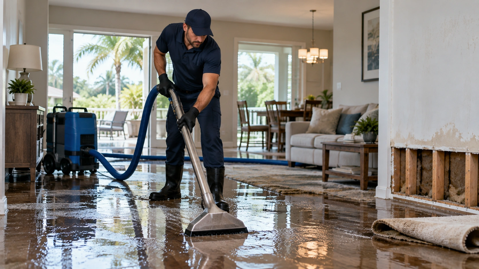 Water damage restoration technician extracting standing water from a flooded home floor
