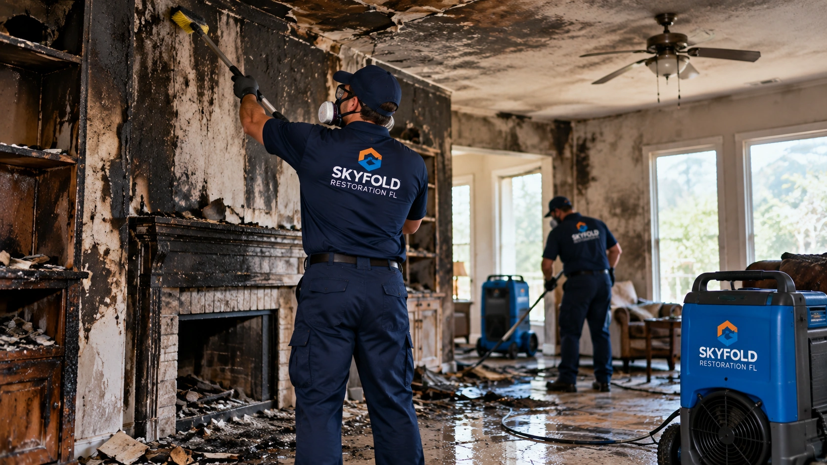 Fire damage restoration technicians cleaning soot and smoke damage inside a burned home