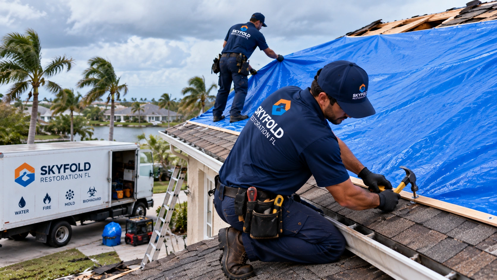 Emergency roof tarping technicians securing a blue tarp over a storm-damaged Florida home