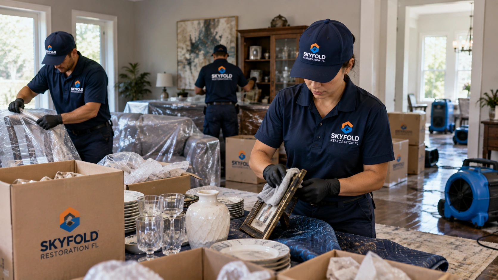 Contents restoration technicians cleaning and packing household belongings after water damage
